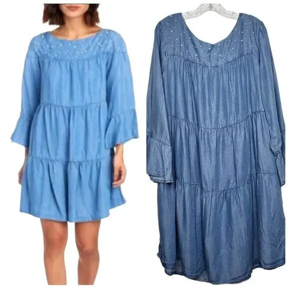 Elliott & Vine Blue Tiered Chambray Tencel Pearl Bell Sleeves Dress Size 3X - Picture 1 of 9